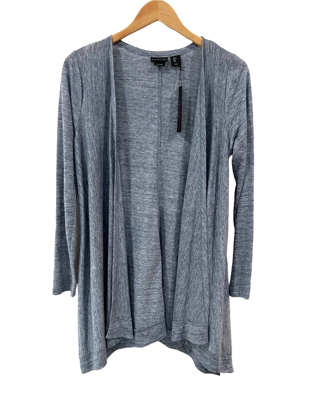 Tahari Linen Open front Cardigan S blue heather lightweight all season